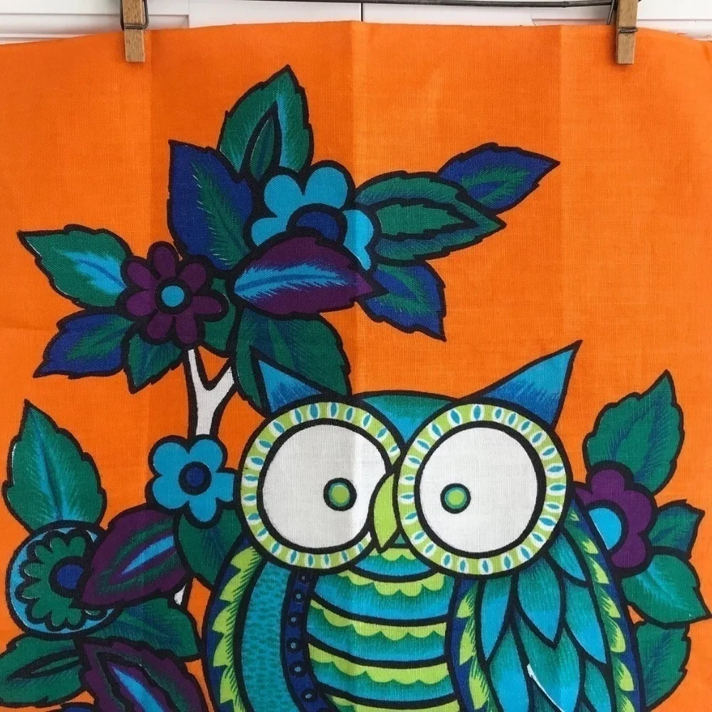 Vintage 1960s Irish Linen Wise Owl Textile Wall Hanging